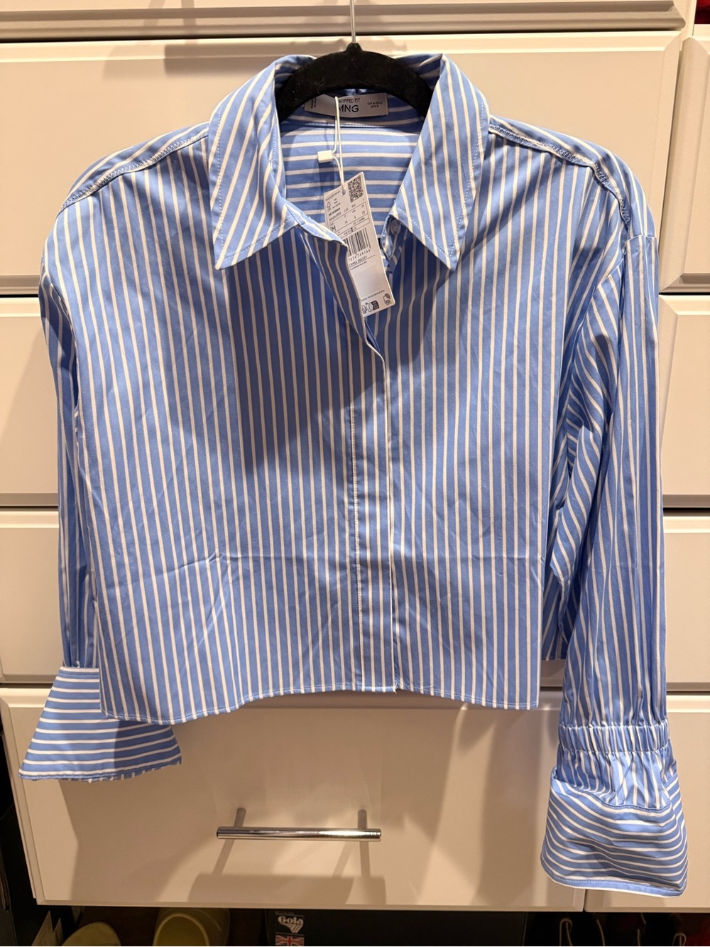 Mango Striped Cropped Button-Up Shirt medium